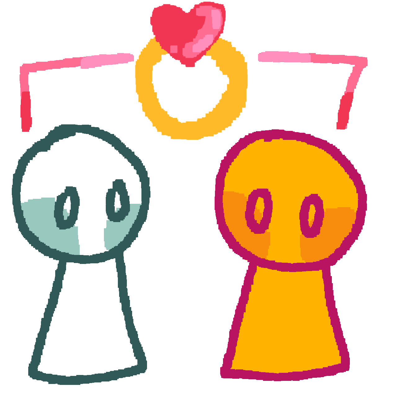 a white person with teal cheeks and a yellow person side by side. Above them is a pink-red gradient bracket with a wedding ring in the middle of it. The ring is gold and has a red heart-shaped jewel.